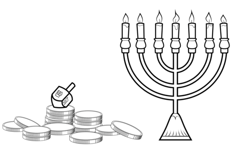 Hanukkah Menorah, Dreidel and Gelt Coloring page