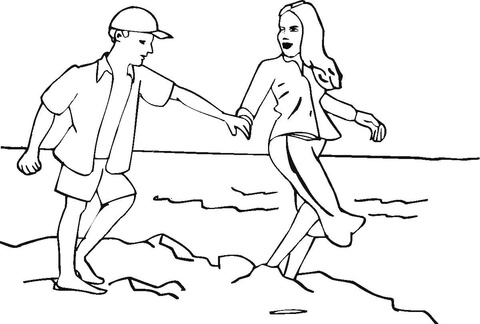 Happiness is when man and woman are walking on the beach Coloring page