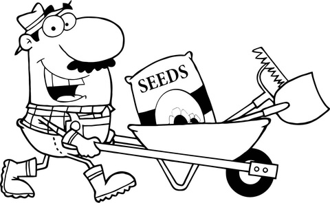 Happy Gardener Drives a Barrow with Tools Coloring page