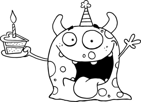 Happy Monster Celebrates Birthday with Cake Coloring page