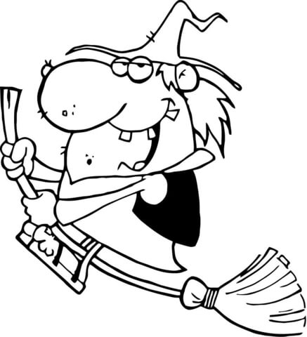 Happy Witch Rides Broom Coloring page