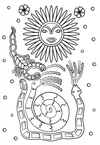 Huichol Art - Sun Scorpion and Snakes Coloring page