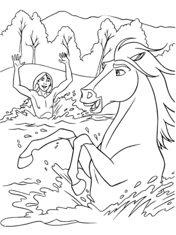 Little Creek and Spirit horse In the River Coloring page