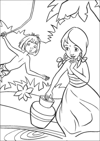 Indian Girl And Mowgli  Coloring page