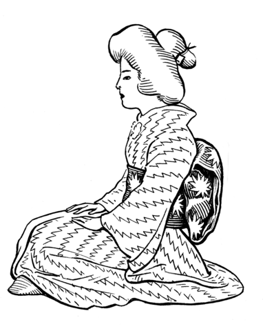 Japanese Woman Wearing Kimono with Obi Sash Coloring page