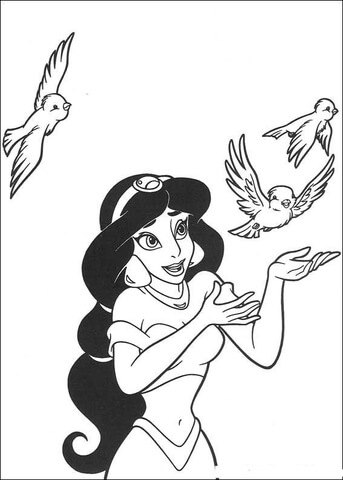 Jasmine And Three Birds  Coloring page