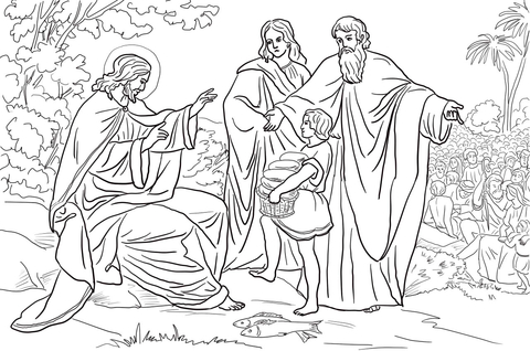 Jesus Feeds 5000 People Coloring page