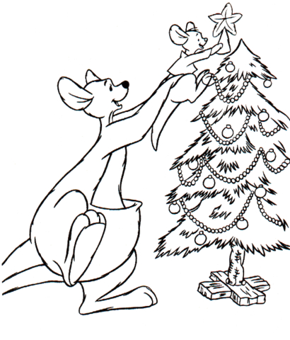 Kangoroo puts the star on Christmas Tree Coloring page