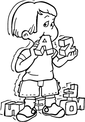 Kid is playing with the alphabet cubes A and Z Coloring page