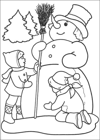 Kids Are playing Outside With Snow Coloring page
