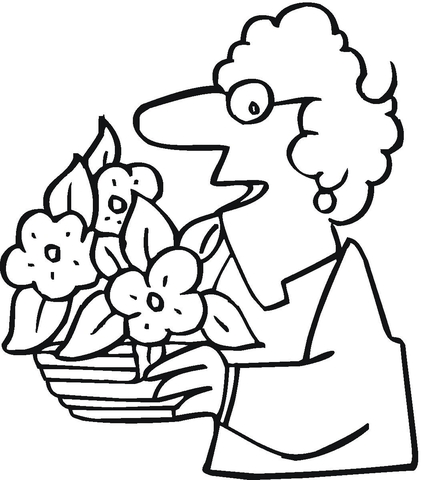 Grandmother with a pot of flowers Coloring page