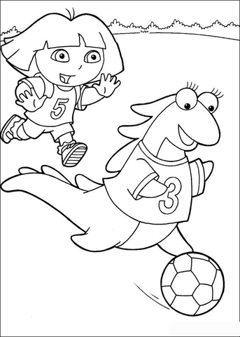 Dora and Isa playing soccer Coloring page