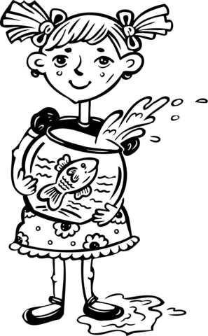 Little Girl Holding Her Fish Bowl Coloring page