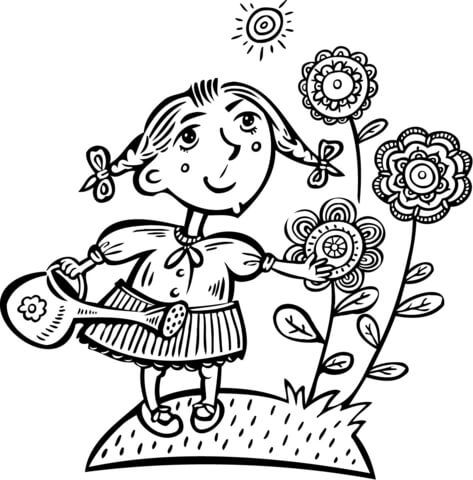Little Girl Watering Her Flowers Coloring page