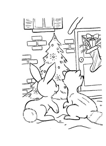 Rabbit and fox are looking at Christmas decorations Coloring page