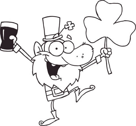 Lucky Leprechaun Dancing with a Glass of Beer and Shamrock Coloring page