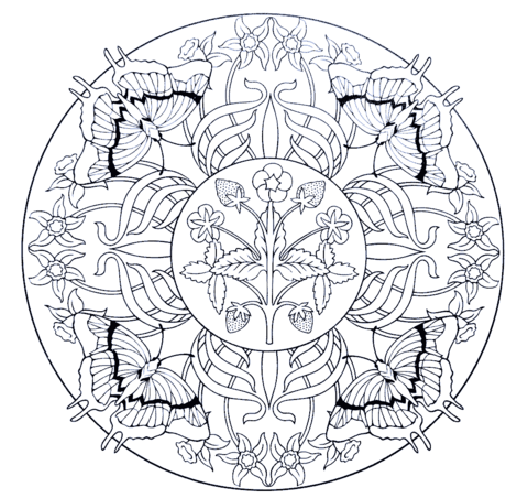 Mandala with Butterflies and Strawberry Coloring page