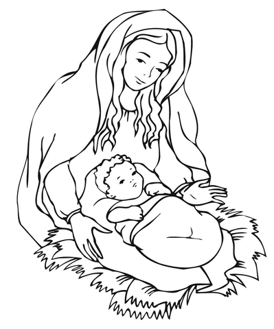 Mary Looking Over Jesus Coloring page