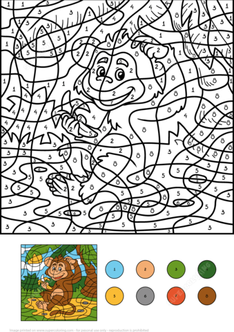 Monkey Animal with a Banana Color by Number Coloring page