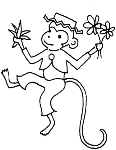 Monkey With Flowers Is Dancing  Coloring page