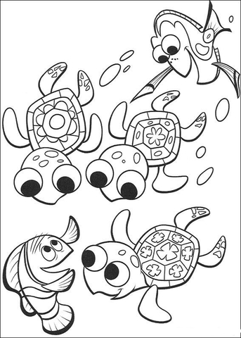 Nemo, Dory And three cute turtles  Coloring page