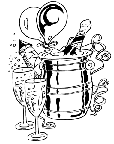 Champagne with glasses and balloons Coloring page