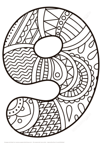 Number 9 Zentangle Coloring page