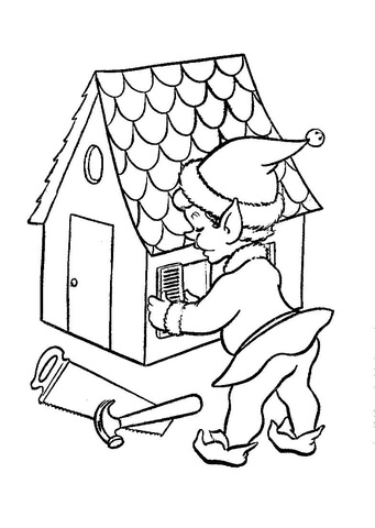 Santa elf is working on doll house Coloring page