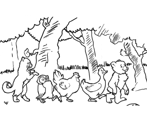 Cat, Owl, Chicken, Bear and Goose Coloring page