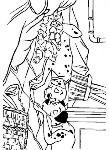 Pongo and Perdita sleeping with puppies Coloring page