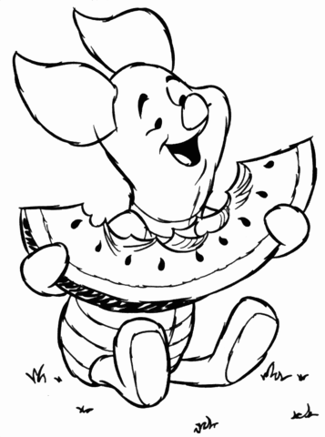 Piglet Is Eating A Watermelon  Coloring page