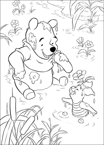 Pooh and Piglet are playing In Lake  Coloring page