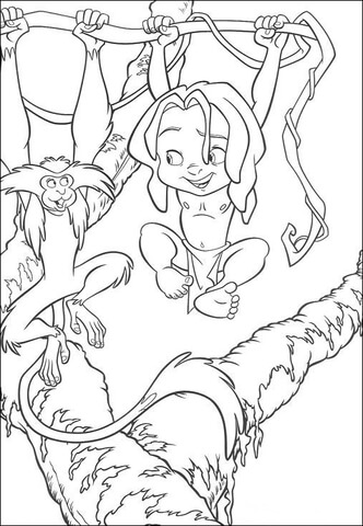 Tarzan and Terk are hanging on the liana Coloring page