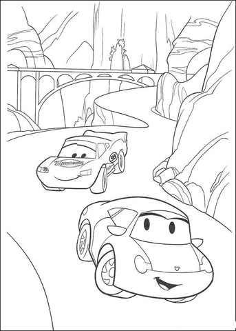 Bridge behind McQueen riding on a steep and curvy road Coloring page