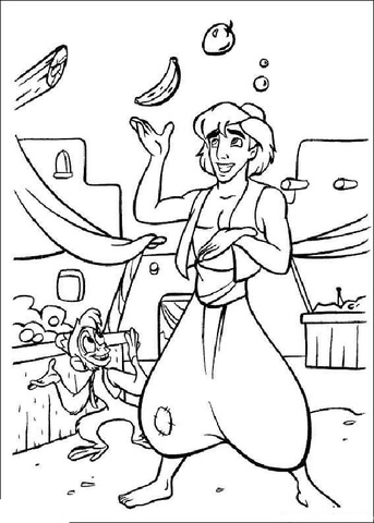 Aladdin is juggling fruits  Coloring page