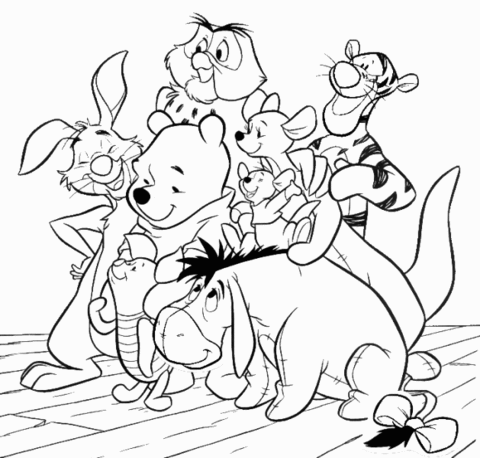 Pooh, Rabbit, Owl, Tigger, Roo and Eeyore Coloring page