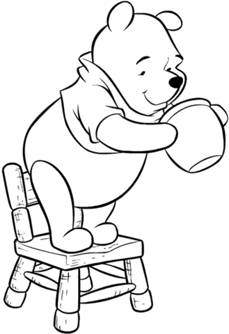 Pooh standing on His Chair and looking for a honey  Coloring page