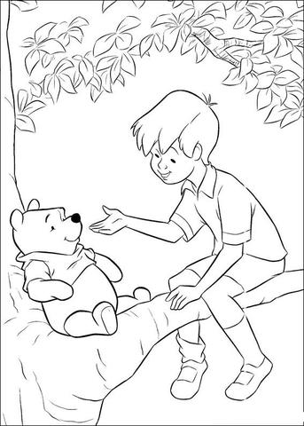 Pooh And Robin sitting on a tree branch Coloring page