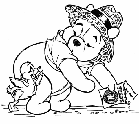 Pooh Is Feeding A Bird  Coloring page