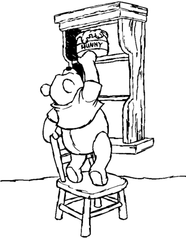 Pooh On A Chair Takes Some Honey  Coloring page