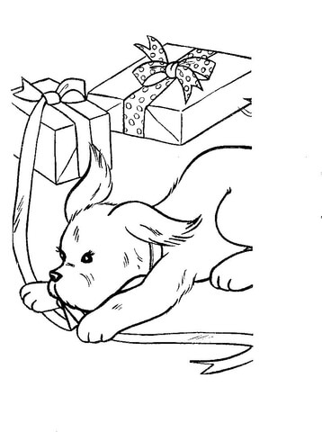 Dog is playing with present boxes Coloring page