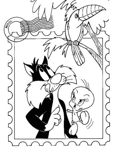 Sylvester and Tweety Post Card  Coloring page