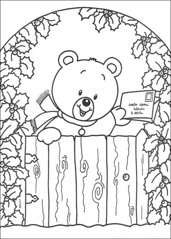 Teddy bear with Christmas greeting card Coloring page