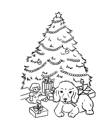 Christmas presents and gifts under Christmas tree Coloring page