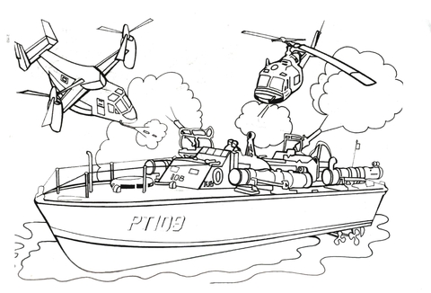 Patrol boat is attacked by helicopters Coloring page
