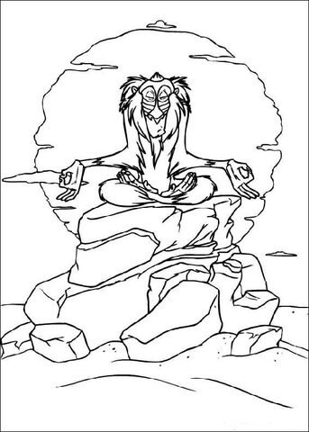 Rafiki mandrill is in a deep meditation under the moon  Coloring page