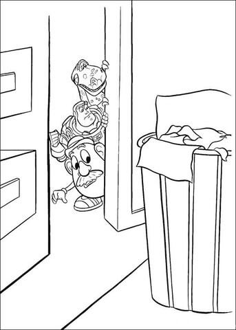 Rex, Buzz And Mr Potato Head Are Hiding Behind The Door  Coloring page