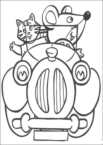 A mouse and a cat are riding a car together  Coloring page