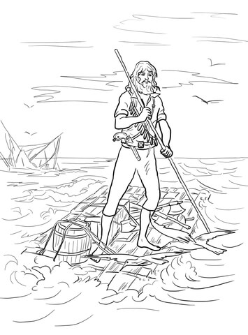 Robinson Crusoe on a Raft after Shipwrecked Coloring page