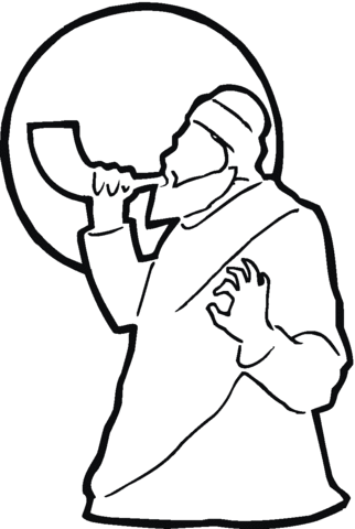 Man is blowing shofar near the moon Coloring page
